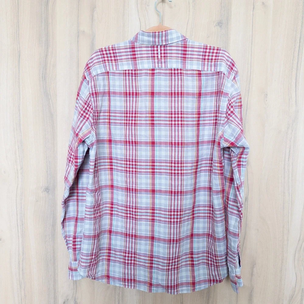Banana Republic Mens Linen Plaid Button Down Shirt Large Red Long Sleeve Preppy